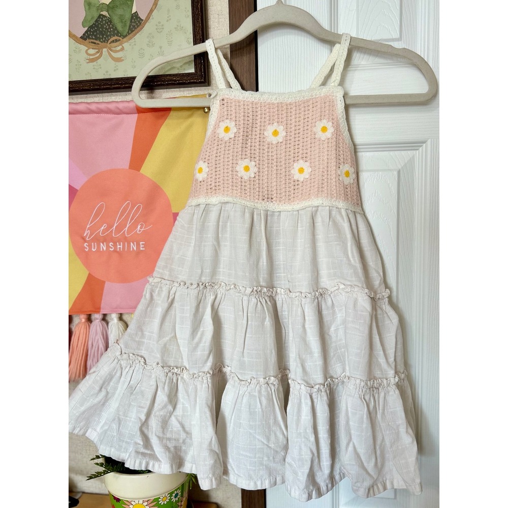 Girls Boho Crochet Daisy Tiered Sun Dress Pink Cream Ruffle 6T